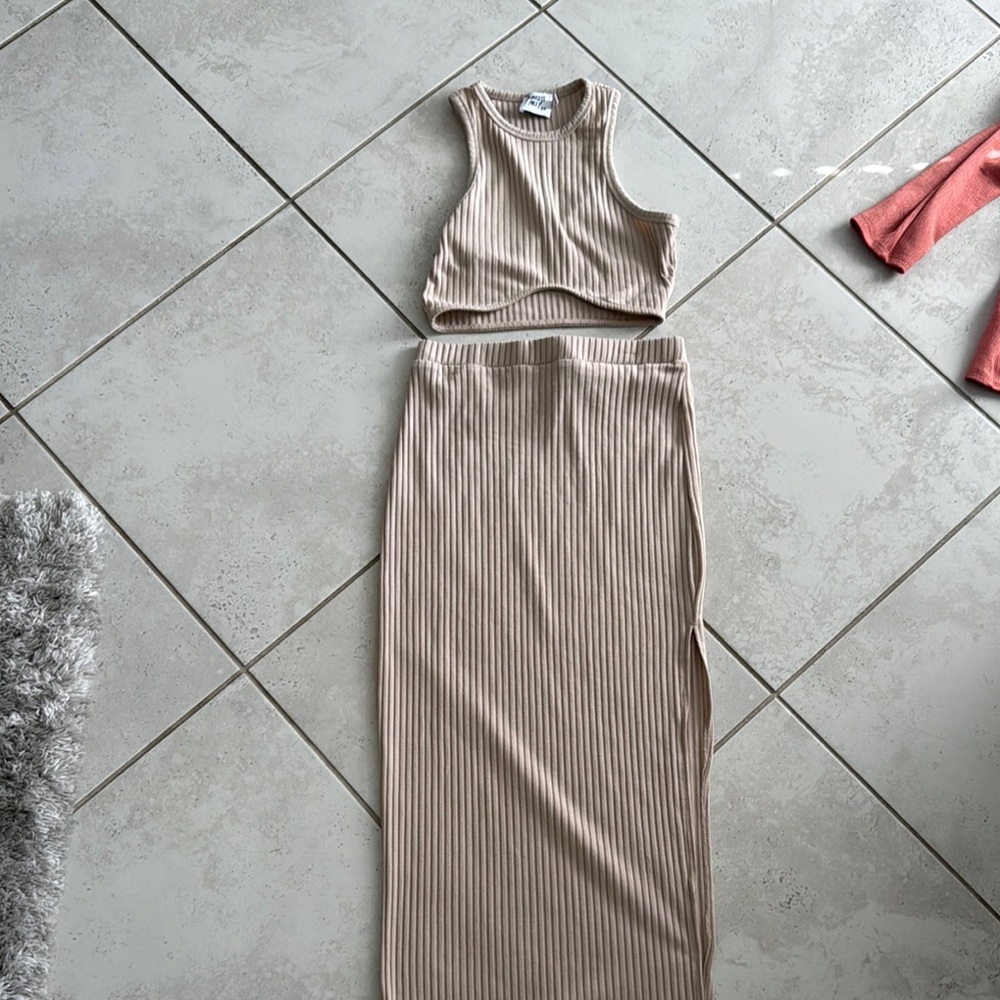 Princess Polly Cream Ribbed Maxi Skirt Set